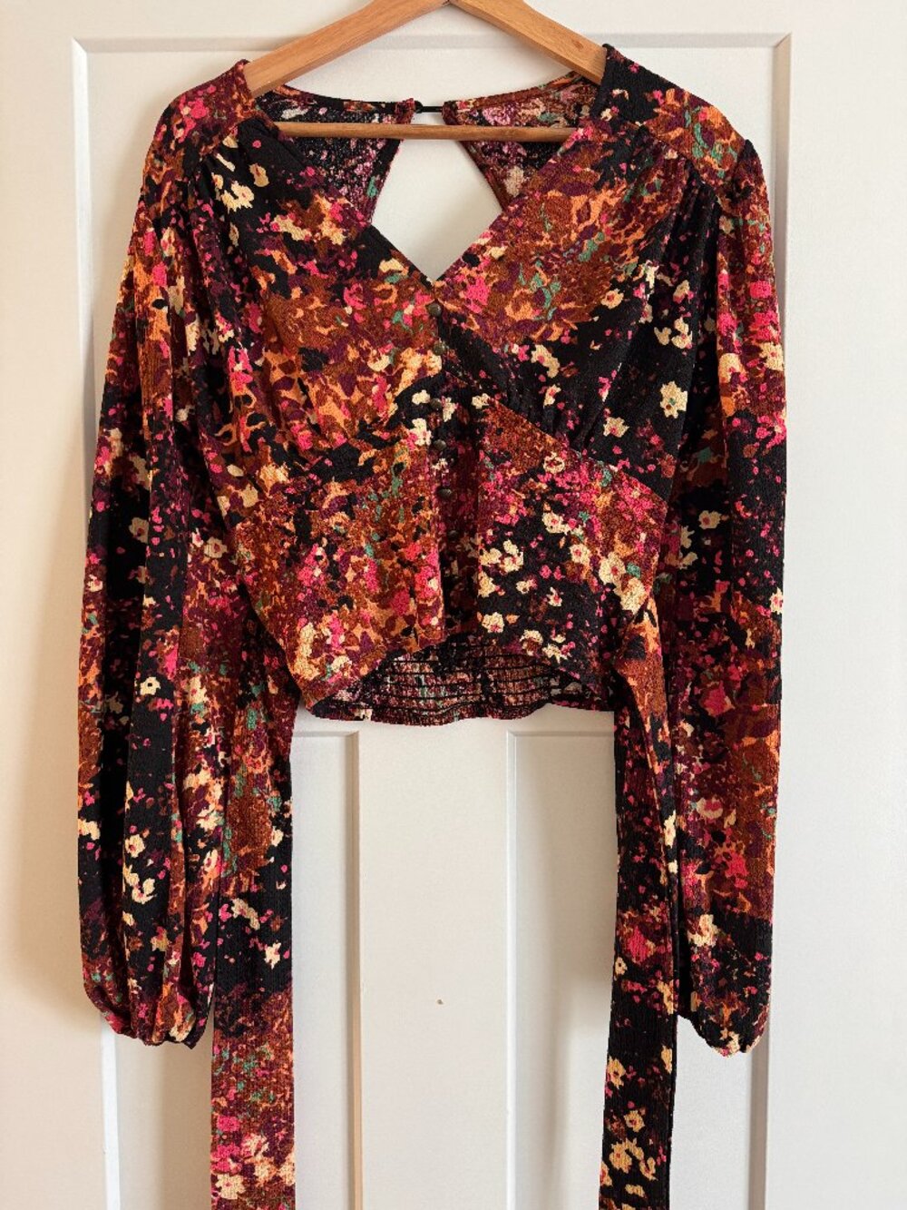 Anthropologie Floral Smocked Open Back Long Sleeve Boho Top